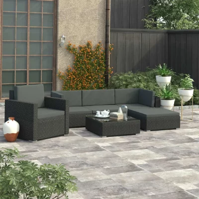 VIDAXL  salon de jardin 6 pcs avec coussins r&eacute;sine tress&eacute;e noir 46754