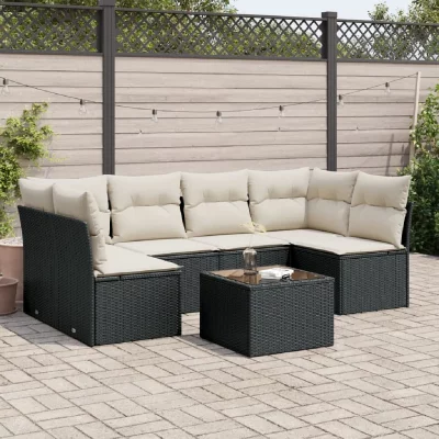 VIDAXL  Salon de jardin 7 pcs avec coussins noir r&eacute;sine tress&eacute;e 3217396