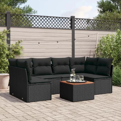 VIDAXL  Salon de jardin 7 pcs avec coussins noir r&eacute;sine tress&eacute;e 3223556