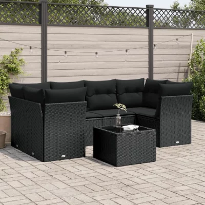VIDAXL  Salon de jardin 7 pcs avec coussins noir r&eacute;sine tress&eacute;e 3249104