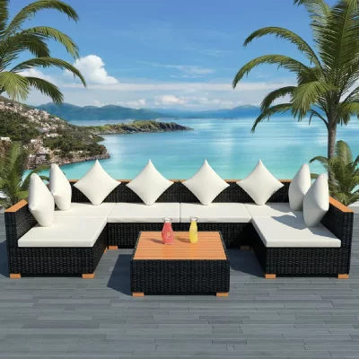 VIDAXL  salon de jardin 7 pcs avec coussins r&eacute;sine tress&eacute;e noir 42751