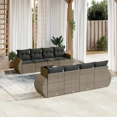 VIDAXL  salon de jardin 9 pcs avec coussins gris r&eacute;sine tress&eacute;e