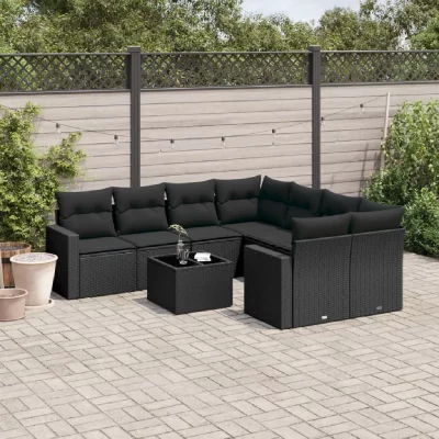VIDAXL  Salon de jardin 9 pcs avec coussins noir r&eacute;sine tress&eacute;e 3218745