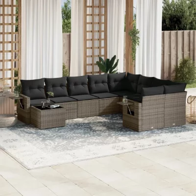 VIDAXL  salon de jardin avec coussins 10 pcs gris r&eacute;sine tress&eacute;e