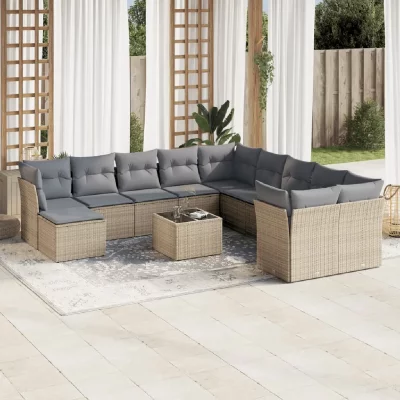 VIDAXL  salon de jardin avec coussins 12 pcs beige r&eacute;sine tress&eacute;e