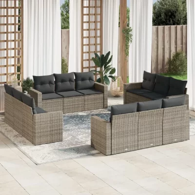 VIDAXL  Salon de jardin avec coussins 12 pcs gris r&eacute;sine tress&eacute;e 3218760
