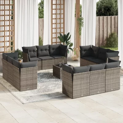 VIDAXL  salon de jardin avec coussins 13 pcs gris r&eacute;sine tress&eacute;e