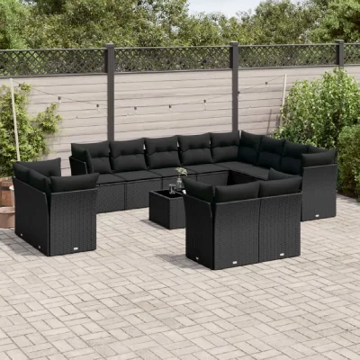 VIDAXL  Salon de jardin avec coussins 13 pcs noir r&eacute;sine tress&eacute;e 3218535 