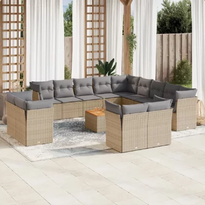 VIDAXL  Salon de jardin avec coussins 14 pcs beige r&eacute;sine tress&eacute;e 3223959