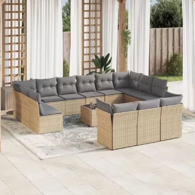 VIDAXL  Salon de jardin avec coussins 14 pcs beige r&eacute;sine tress&eacute;e 3250298