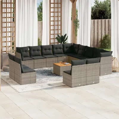 VIDAXL  salon de jardin avec coussins 14 pcs gris r&eacute;sine tress&eacute;e