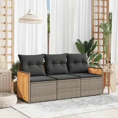 VIDAXL  salon de jardin avec coussins 3 pcs gris r&eacute;sine tress&eacute;e