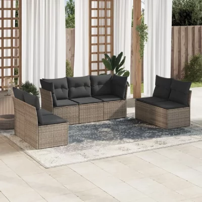 VIDAXL  Salon de jardin avec coussins 7 pcs gris r&eacute;sine tress&eacute;e 3217410