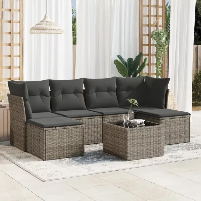 VIDAXL  Salon de jardin avec coussins 7 pcs gris r&eacute;sine tress&eacute;e 3218020