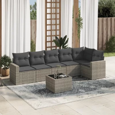 VIDAXL  Salon de jardin avec coussins 7 pcs gris r&eacute;sine tress&eacute;e 3218990