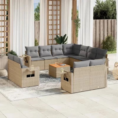 VIDAXL  Salon De Jardin Et Coussins 12 Pcs M&eacute;lange Beige R&eacute;sine Tress&eacute;e