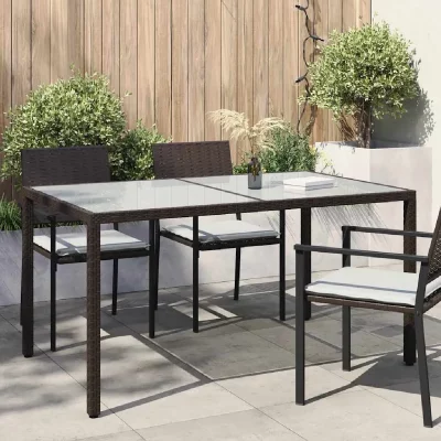VIDAXL  table de jardin 150x90x75 cm verre tremp&eacute;/r&eacute;sine tress&eacute;e marron