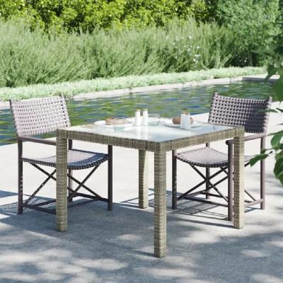 VIDAXL  Table De Jardin 90x90x75 Cm Verre Tremp&eacute; Et R&eacute;sine Tress&eacute;e Gris