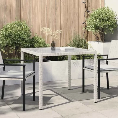 VIDAXL  table de jardin 90x90x75cm verre tremp&eacute; et r&eacute;sine tress&eacute;e blanc