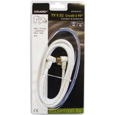 ERARD Vid&eacute;o: Cordon TV Hertzien non filtr&eacute; 952 mm m&acirc;le-femelle coud&eacute;s 90&deg; + adaptateur m&acirc;le-m&acirc;le - 2m