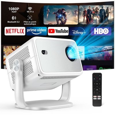 HUIDUN Vid&eacute;oprojecteur  PT10 1080p Full HD Google TV Wi-Fi 6 Autofocus 330 ANSI Blanc