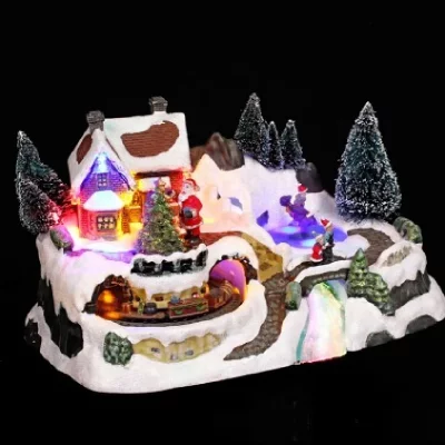 FEERIC LIGHTS & CHRISTMAS Village de No&euml;l lumineux et anim&eacute; en fibre optique avec train