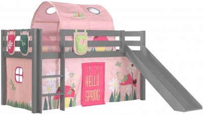 VIPACK  Lit Enfant Surlev Avec Toboggan Gris + Rideau Et Tunnel De Lit + 3 Pochettes Spring