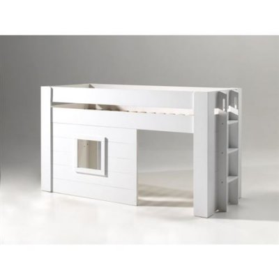 VIPACK  NOAH Lit mezzanine 90x200cm pin massif laqu&eacute; Blanc + Set de rideaux