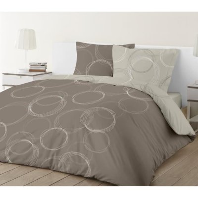 VISION  Parure de couette Lenny r&eacute;versible en 100% coton - 220 x 240 cm - Taupe beige marron et blanc
