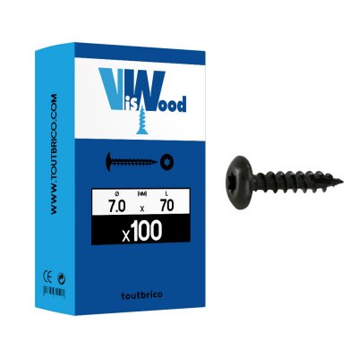 VISWOOD  3137070 Bo&icirc;te de 100 Vis &agrave; penture 6 lobes Filetage total 7,0 x 70 Acier Zingu&eacute; Noir