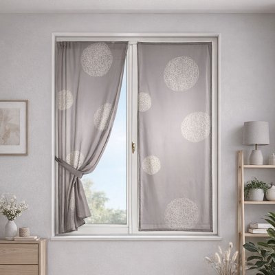 Vitrage Taupe Brod&eacute; 'Ronds M&ecirc;l&eacute;s' - Taupe - 80 x 160cm