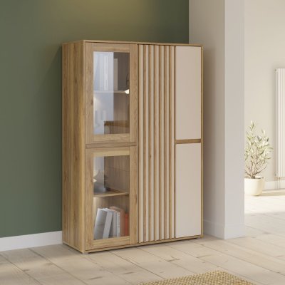 Vitrine ELISTON AUCUNE 3 portes 2 vitr&eacute;es 9 tablettes blanc mat ch&ecirc;ne