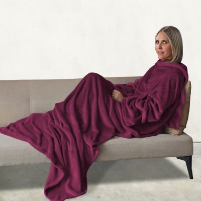 VIVEZEN Plaid &agrave; manche - Dimensions 210 x 160 cm - Mati&egrave;re polaire en flanelle - Prune