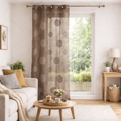 Voilage en Etamine Brod&eacute; de Ronds M&eacute;l&eacute;s - Taupe - 140 x 240 cm