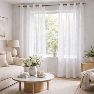 Voilage en Etamine Brod&eacute;e &agrave; Rayures Ondul&eacute;es Blanc 140x260 cm - Blanc