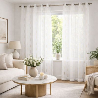 Voilage en Etamine Jacquard Traits Fins - Jaune - 140 x 260 cm