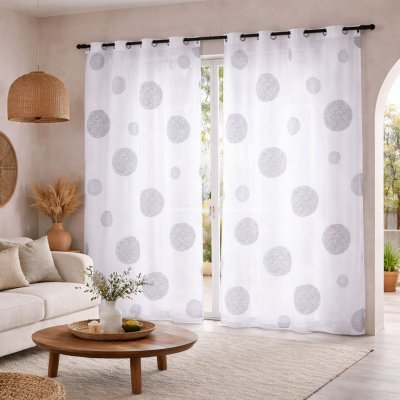 Voilage Etamine Brod&eacute; Ronds M&ecirc;l&eacute;s blanc Blanc cass&eacute; 140x240 cm
