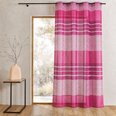 Voilage fantaisie &agrave; rayures horizontales - Framboise - 140 x 240 cm