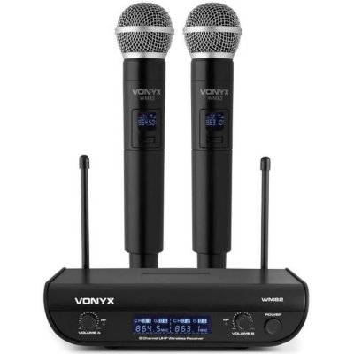 VONYX  WM82 Syst&egrave;me de micros sans fil UHF num&eacute;riques &agrave; 2 canaux - R&eacute;cepteur + 2 micros main - Noir 