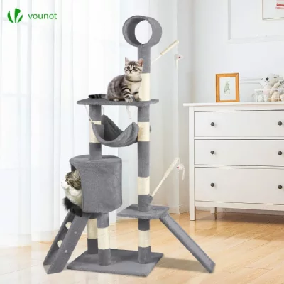 VOUNOT  Arbre &agrave; Chat 154cm avec Griffoir Plateforme Niche XXL Gris
