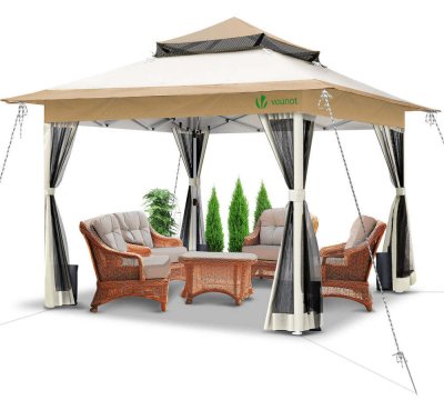VOUNOT Tonnelle de jardin exterieure pliable avec moustiquaire Pop up 3.6x3.6m beige 