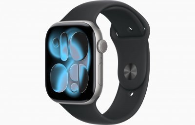 Watch Series 11 GPS + Cellular 46mm Boitier en Aluminium Gris Sid&eacute;ral avec Bracelet Sport Noir - S/M