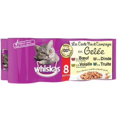 WHISKAS  - 8 Bo&icirc;tes en gel&eacute;e 4 vari&eacute;t&eacute;s p&acirc;t&eacute;e pour chat 390g (1x8)