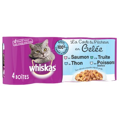 WHISKAS  Bo&icirc;tes La Carte du P&ecirc;cheur en gel&eacute;e pour Chat, 4 x 390g