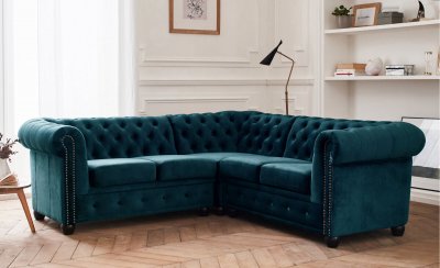 BEST MOBILIER William - Canap&eacute; d'angle Chesterfield - 5 places - velours - Bleu canard
