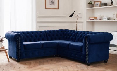 BEST MOBILIER William - Canap&eacute; d'angle Chesterfield - 5 places - velours - Bleu nuit