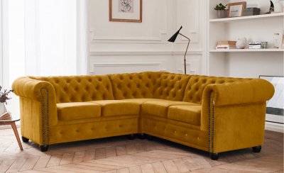 BEST MOBILIER William - Canap&eacute; d'angle Chesterfield - 5 places - velours - Jaune