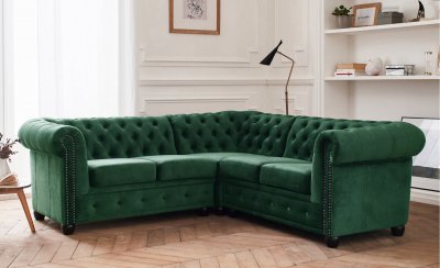 BEST MOBILIER William - Canap&eacute; d'angle Chesterfield - 5 places - velours - Vert