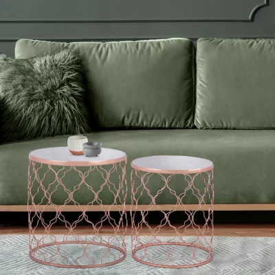 Womo-design set de 2 tables d'appoint blanc, &oslash; 40/45 cm, m&eacute;tal et marbre 390002517