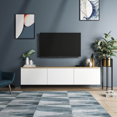 HANAH HOME Wooden Art Meuble TV Neon blanc/ch&ecirc;ne - 160x32x35 cm T.U
